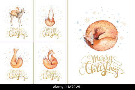Frohe Weihnachten Schneeflocken und Füchse. Handgezeichnete Fuchs illustratio Stockfoto