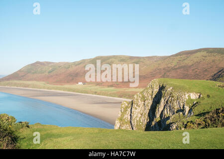 Rhosili, Rhossili, Rhossilli, Bucht, Llangenneth Langenneth, Strand, Worms Head, Wurm Gower Halbinsel, Swansea, Grafschaft Swansea, Wales, Stockfoto