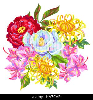 Bouquet mit China Blumen. Hellen Knospen von Magnolia, Pfingstrose, Rhododendron und Chrysantheme Stock Vektor