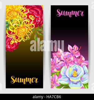 Banner mit China Blumen gesetzt. Hellen Knospen von Magnolia, Pfingstrose, Rhododendron und Chrysantheme Stock Vektor