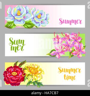 Banner mit China Blumen gesetzt. Hellen Knospen von Magnolia, Pfingstrose, Rhododendron und Chrysantheme Stock Vektor