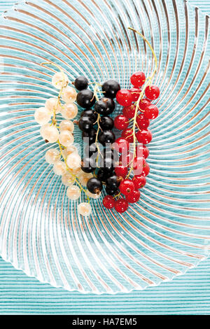 Rote, weiße und schwarze Johannisbeeren auf einer Glasplatte Stockfoto