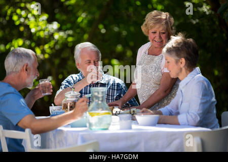 Ältere Ehepaare mit Frühstück im Garten Stockfoto