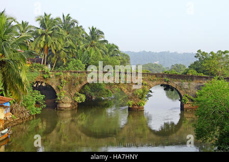 Alte verlassene steinerne Bogenbrücke Straße mit Pflanzenwachstum über einen Bach in Goa, Indien Stockfoto