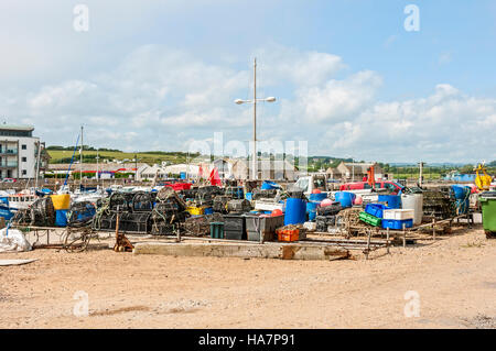 Kommerziellen Fanggeräten in bunten Grundstücke bereit zum Laden neben dem malerischen Yachthafen in Bridport Harbour angeordnet Stockfoto