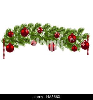 Weihnachts-Dekoration. Grüne Zweige von einem Weihnachtsbaum mit roten Kugeln und Schneeflocken auf weißem Hintergrund. Silvester Dekoration. Abbildung Stock Vektor