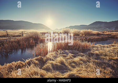 Retro getönten Nebel und frostigen Morgen über See im Grand-Teton-Nationalpark, Wyoming, USA. Stockfoto