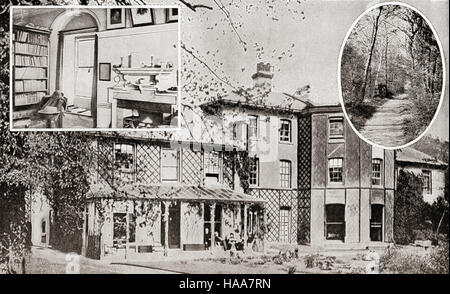 Hotel, Beckenham, Kent, England.  Das Haus von Charles Darwin.  Ausschnitt links, Arbeitszimmer, wo der Ursprung der Arten wurde geschrieben und Einpresstiefe rechts, seine liebsten zu Fuß.  Charles Robert Darwin, 1809-1882. Englische Naturforscher. Stockfoto