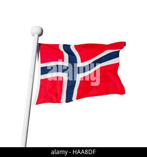 Flagge Norwegen winken auf Pole isoliert auf weißem Hintergrund Stockfoto