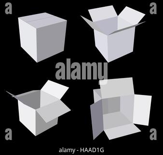 Box-Set. Auf schwarzem Hintergrund isoliert. 3D Vektor-Illustration. Stock Vektor