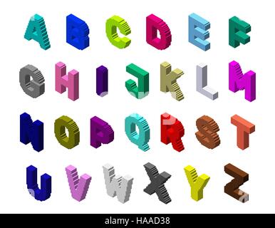3D pixelig Großbuchstaben gesetzt. Isoliert auf weißem Hintergrund. Vektor-bunte illustration.3d isometrische Stil. Stock Vektor
