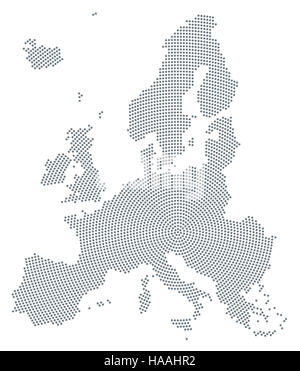 Europa Karte radial Punktmuster. Graue Punkte gehen von der Mitte nach außen und bilden die Silhouette des Gebiets der Europäischen Union. Stockfoto