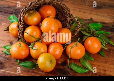 Mandarinen-Korb Obst auf Woden Tisch verstreut Stockfoto