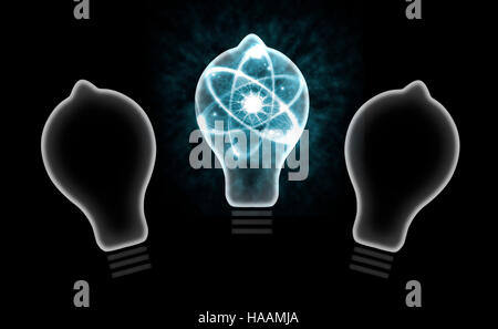 Atomare Teilchen als Glühbirne Filament und Kernenergie 3D illustration Stockfoto