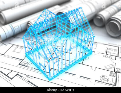 3D Abbildung des Hauses Blaupausen und Wireframe-Modell Stockfoto