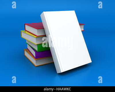 3D Illustration der Bücher-Stapel auf blauem Hintergrund Stockfoto