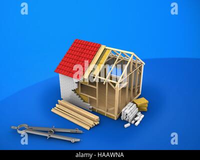 3D Abbildung des Hauses Rahmendesign auf blauem Hintergrund Stockfoto