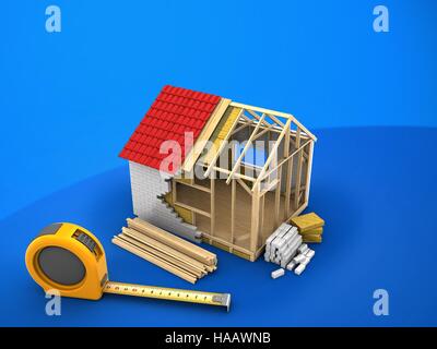 3D Abbildung des Hauses Rahmendesign auf blauem Hintergrund Stockfoto