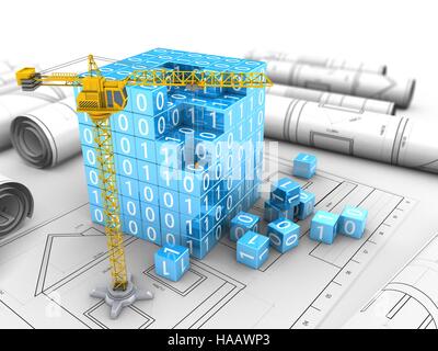 3D Darstellung der Kranbau-binary Build über Baupläne Stockfoto