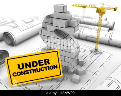 3D Abbildung des Krans unter Bau Dollarsymbol über Baupläne Stockfoto