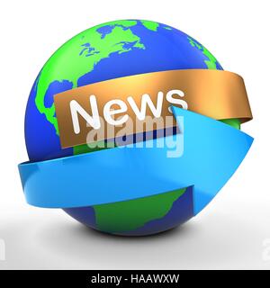 3D Darstellung der Erdkugel mit blauer Pfeil auf weißem Hintergrund Stockfoto