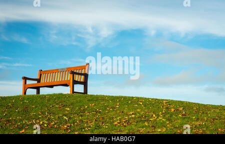 Einzelbank auf Hügel im Park gegen blauen Himmel Stockfoto