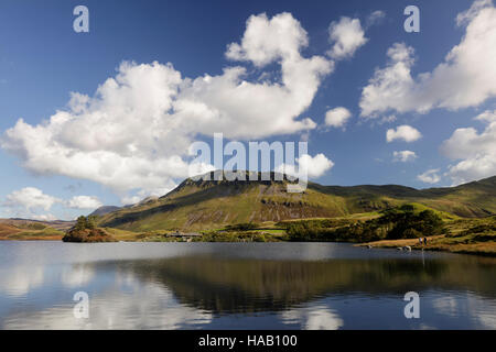 Blick über das Wasser an Cregennan Seen in Richtung Cadair Idris im Süden von Snowdonia an einem klaren Herbsttag. Stockfoto