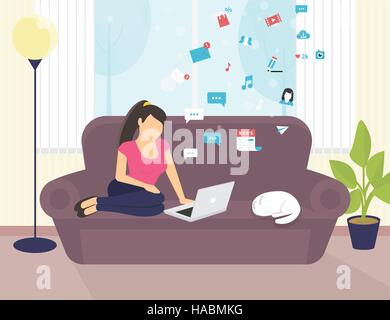 Frau mit Laptop auf dem Sofa zu Hause sitzen und arbeiten Stock Vektor