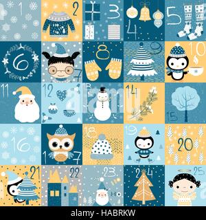 Weihnachten Adventskalender Countdown bis Weihnachten in blauer Farbe mit Winter-Design-Elementen - Engel, Schneemann, Weihnachtsmann, Pinguin Stock Vektor