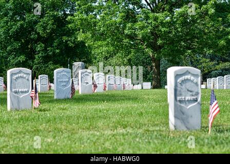 Reihen von Grabsteinen mit amerikanischen Flaggen auf dem Nationalfriedhof Arlington, Arlington, Virginia, USA, am Memorial Day Wochenende. Stockfoto