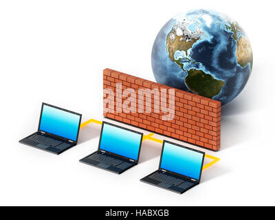 Laptop-Computern durch Firewall geschützt. 3D Illustration. Stockfoto