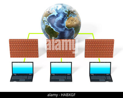 Laptop-Computern durch Firewall geschützt. 3D Illustration. Stockfoto