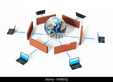 Laptop-Computern durch Firewall geschützt. 3D Illustration. Stockfoto