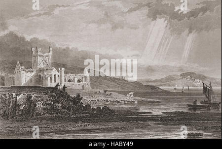 19. Jahrhundert wurde im 15. Jahrhundert, County Wexford, Irland Blick auf die Ruinen der Dunbrody Abbey, ein ehemaliges Zisterzienserkloster, erbaut im 13. Jahrhundert, mit dem Turm hinzugefügt. Stockfoto