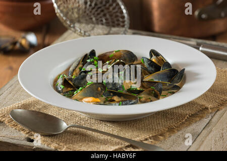 Muscheln in Guinness-Sahne-Sauce Stockfoto