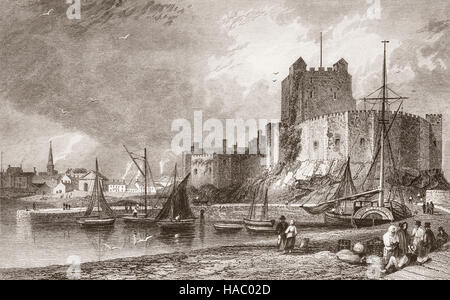 19. Jahrhundert Ansicht von Carrickfergus Castle ist eine normannische Burg erbaut von John de Courcy 1177 auf dem nördlichen Ufer des Belfast Lough Carrickfergus, County Antrim, Nordirland Stockfoto