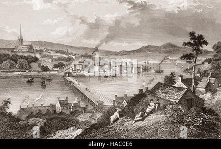 19. Jahrhundert Ansicht der Carlisle-Brücke über den Fluss Foyle, Derry oder Londonderry Stadt von Osten nach Westen, County Derry, Nordirland. Errichtet im Jahre 1863 den Stahl, die, den Carlisle Brücke errichtet wurde, als die alte Holzbrücke zerstört wurde, nachdem er im Jahre 1862 von einem Eisberg getroffen Stockfoto