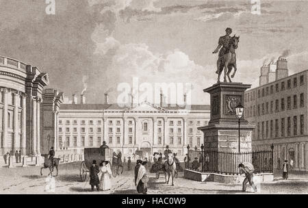 19. Jahrhundert Ansicht des Trinity College (TCD) vom College Green mit einer Skulptur von König William III, mit der klassisch gestalteten Bank of Ireland (links). Dublin, Irland Stockfoto