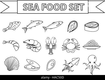 Sea Food Icons set Vektor. Moderne, Linie, Doodle-Stil. Meeresfrüchte-Sammlung isoliert auf weißem Hintergrund. Fisch-Produkte Illustration, Design-Element. Stock Vektor