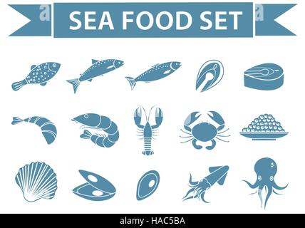 Meer Essen Icons set Vektor, Kontur, Schatten. Meeresfrüchte-Sammlung isoliert auf weißem Hintergrund. Fisch-Produkte Illustration, Design-Element. Stock Vektor