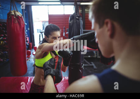 Boxer mit Schwerpunkt Handschuhe während des Trainings Stockfoto