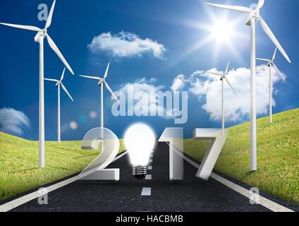 Zusammengesetztes Bild 3D 2017 mit Windmühle farm Stockfoto