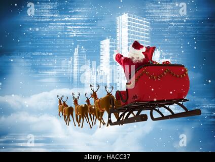 Santa Claus 3D Rentier-Schlitten gegen die Stadt Reiten Stockfoto