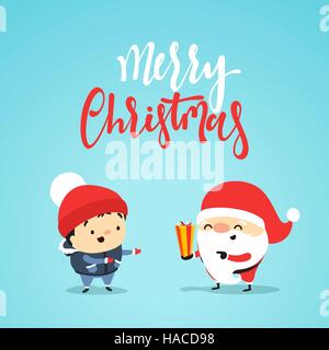 Santa Claus schenkt, kleines Kind, ein Junge. Weihnachten Zeichen für Grußkarten, Banner, Plakate, Web. Nette Leute im Stil eines Design-fl Stock Vektor