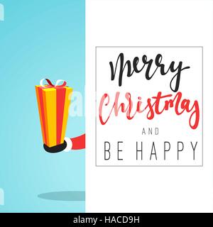 Santa Claus gibt ein Geschenk in der Hand flach Stil. Weihnachtskarten und Web-Banner. Vektor-Illustration Stock Vektor