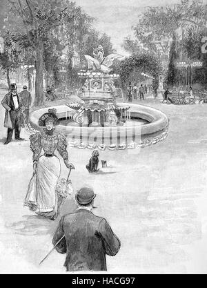 Brunnen im Garten des The Kroll Opernhaus, Theaterbauten, das eine Oper Gebäude in Berlin, Deutschland, 1880, war historische Illustration, Holzschnitt Stockfoto