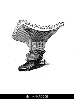 Schuhe, Mode vergangener Zeiten. Frankreich, 1600-1700, Stiefel von Fop oder Mode-Monger, mit Lanzen, historische Illustration, Holzschnitt Stockfoto