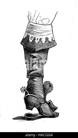 Schuhe, Mode vergangener Zeiten. Stiefel, 1635, Frankreich, historische Illustration, Holzschnitt Stockfoto