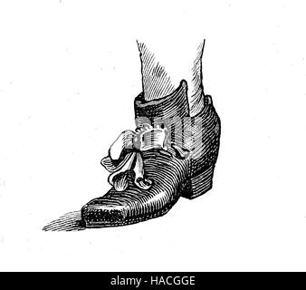 Schuhe, Mode vergangener Zeiten. Schuh aus Frankreich, 1650, historische Illustration, Holzschnitt Stockfoto