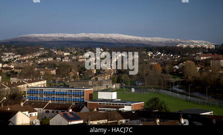 Skyline von Nord Glasgow mit weiter und Clyde Kanal Knightswood, Blairdardie, Bearsden mit Schnee bedeckten Campsie Hills Stockfoto